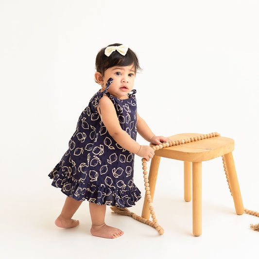 Keebee Organic Cotton Printed Baby Girl Shoulder Knot Jabla Dress - Lemon