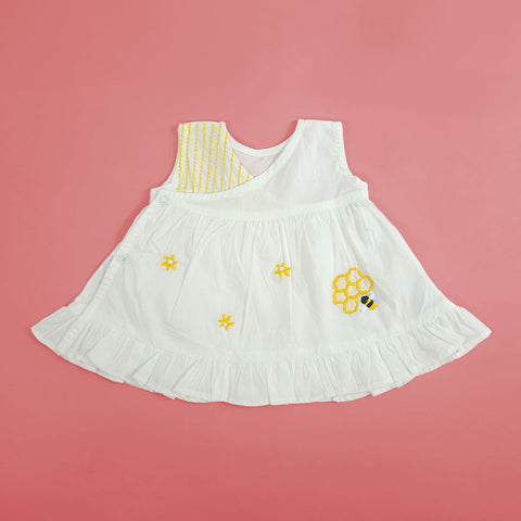 Keebee Organic Cotton Embroidered Newborn Baby Girl White Wrap Dress - Honeycomb