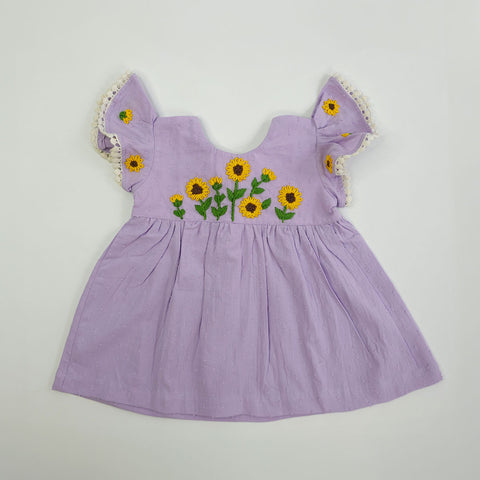 Keebee Organic Cotton Embroidered Girls Purple Dress - Sunflower