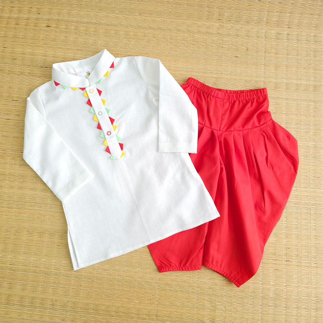 Keebee Organic Cotton White Kurta paired with Red Patiala Pants - Colorful Toran