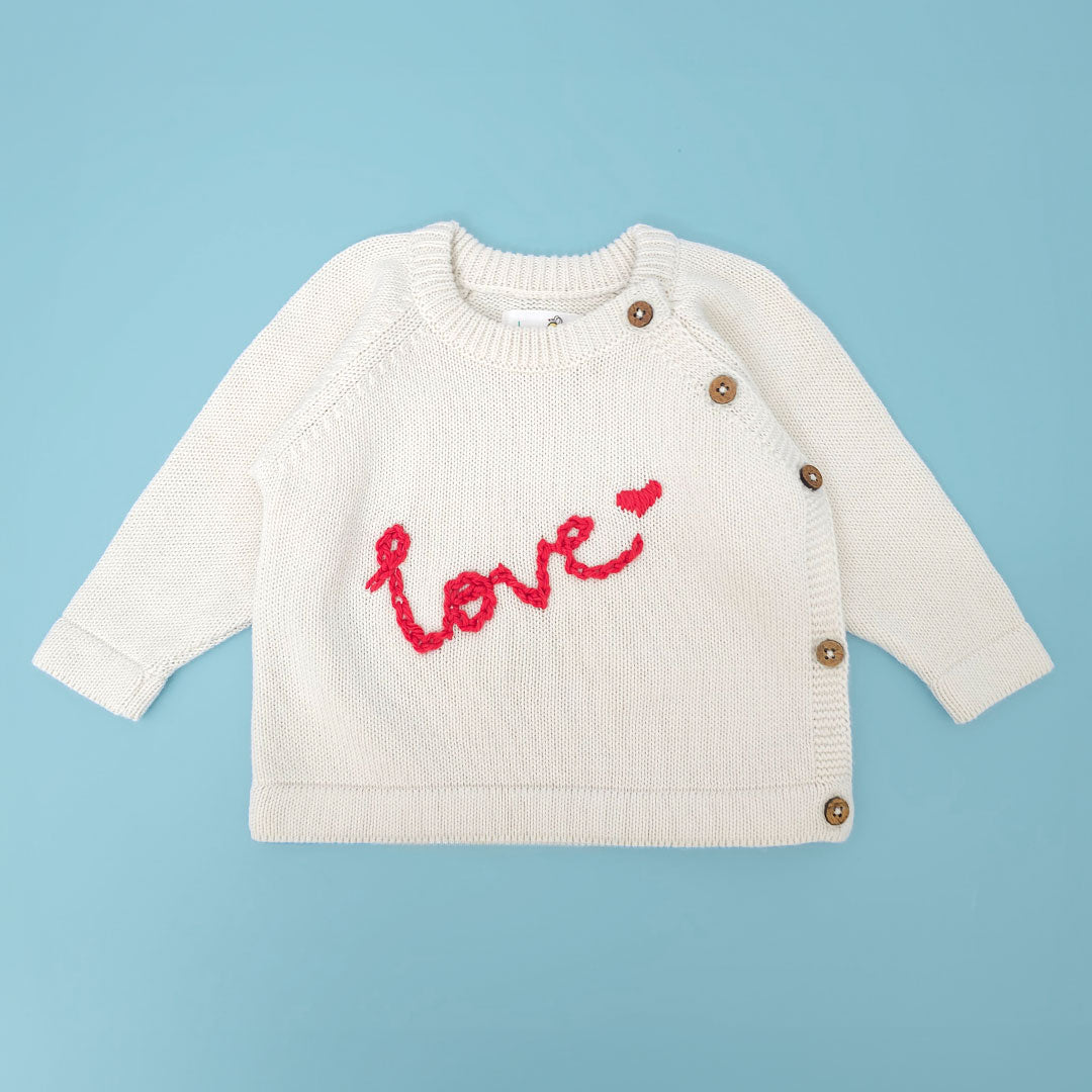 Keebee Organic Cotton Embroidered White Sweater - Love