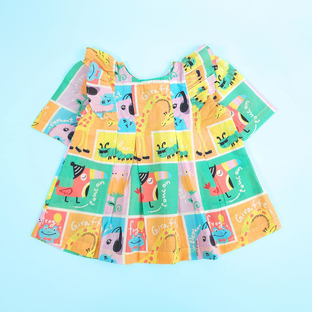 Organic Cotton Printed Girls Iris Dress with Puff Sleeves - Zoo Crew