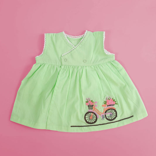 Keebee Organic Cotton Embroidered Newborn Baby Girl Green Wrap Dress - Bicycle