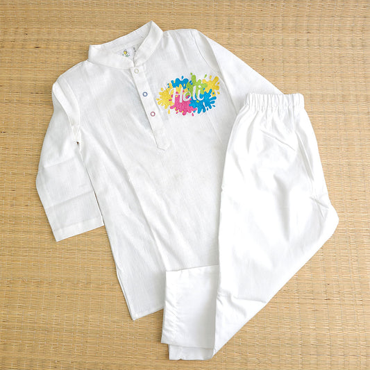 Keebee Organic Cotton Embroidered White Kurta paired with Pajama Pants - 'Holi'