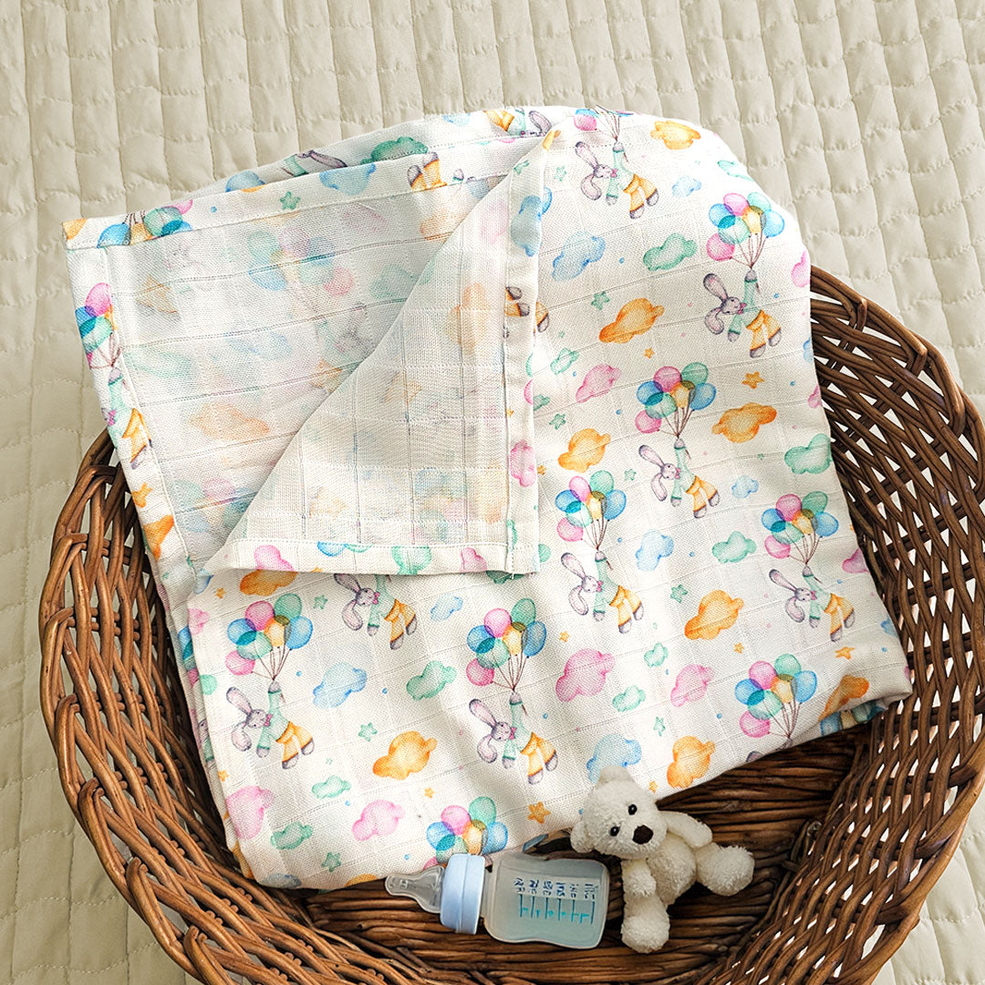 Keebee Organic Cotton Printed Swaddle/Towel - Bunny with Balloons