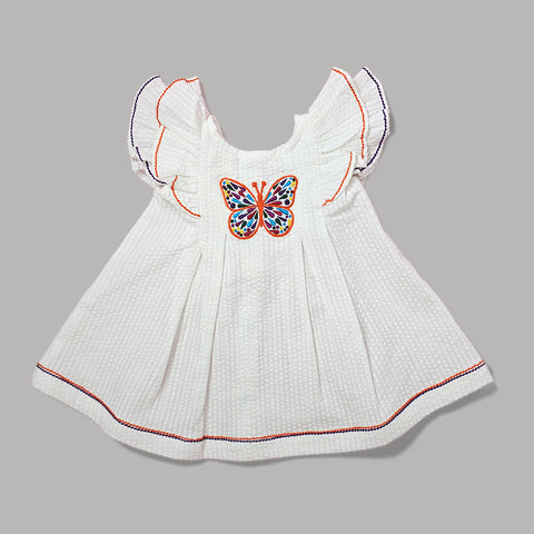 Keebee Organic Cotton Embroidered White Baby Girl Iris Dress - Butterfly