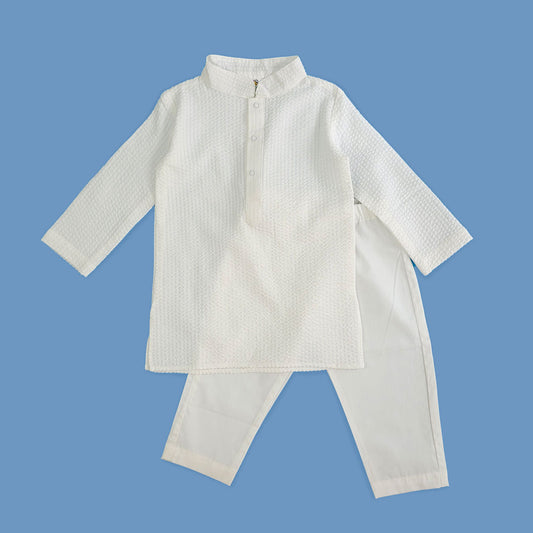 Keebee Organic Cotton Solid Textured Kurta paired with Pajama Pants - White