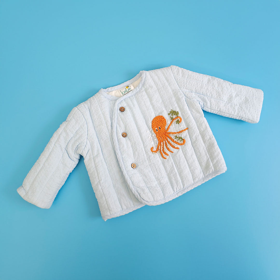 Keebee Organic Cotton Embroidered Baby Blue Button Up Quilted Jacket - Octopus