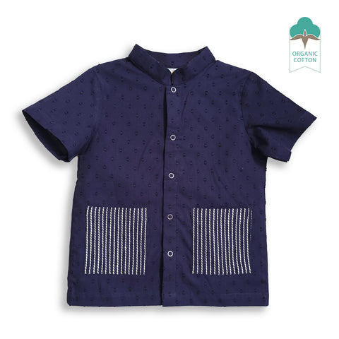 Organic Cotton Navy Blue Embroidered Shirts - Tiger