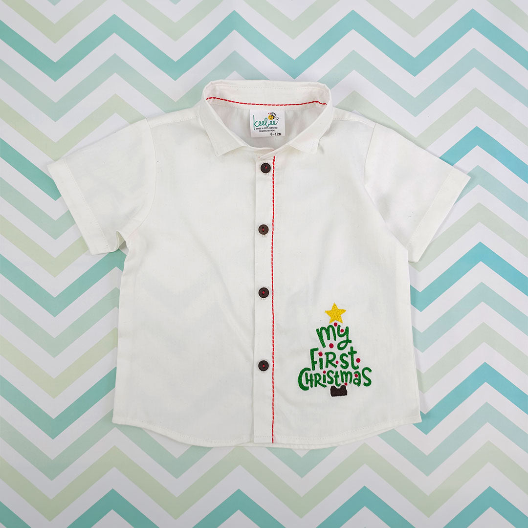 Keebee Organic Cotton  Embroidered Half Sleeve Shirt - 'My First Christmas'