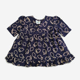 Keebee Organic Cotton Printed Navy Blue Puff Sleeve Girls Jabla / Wrap Dress - Lemons