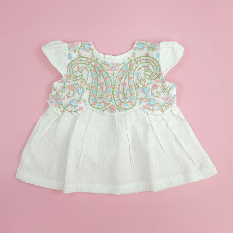 Organic Cotton Putta Ruffle Sleeve Embroidered Girls Dress - Paisley