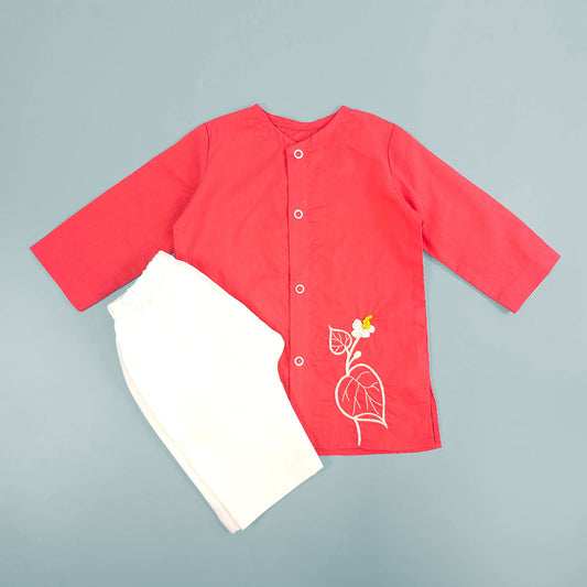 Keebee Organic Cotton Newborn Boys Red Kurta Set - Floral Vine