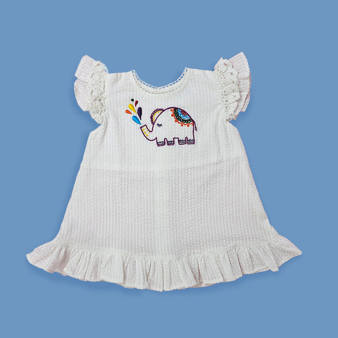 Keebee Organic Cotton Hand Embroidered White Baby Girl Blossom Dress - Elephant