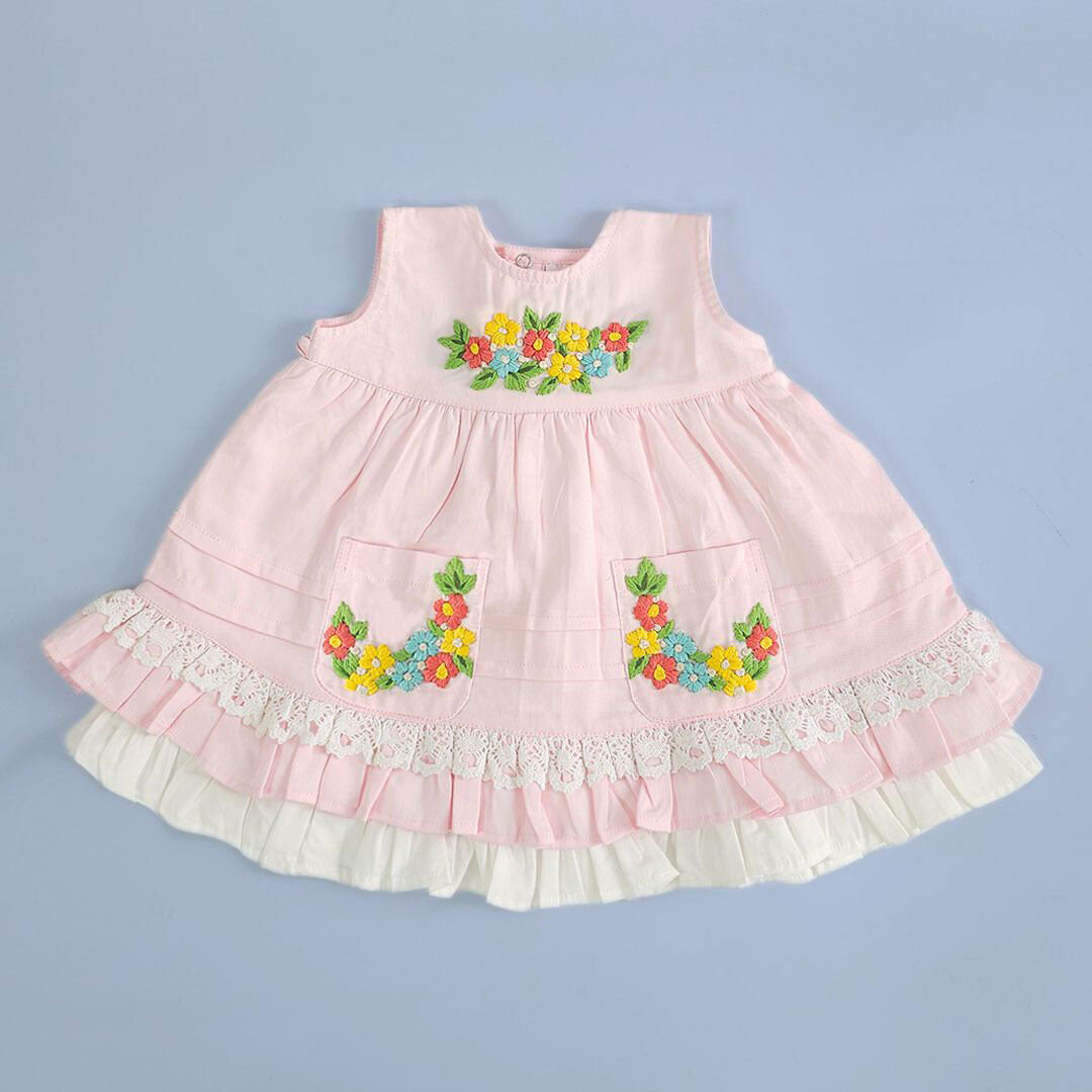 Keebee Organic Cotton Hand Embroidered Baby Pink Peony Baby Girl Dress