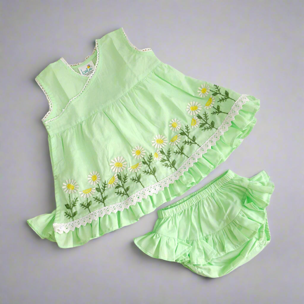 Keebee Organic Cotton Embroidered Baby Girl Mint Green Jabla/Wrap Style Dress Set - Daisy Field