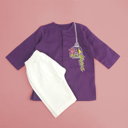 Keebee Organic Cotton Newborn Boys Purple Kurta Set - Birdcage