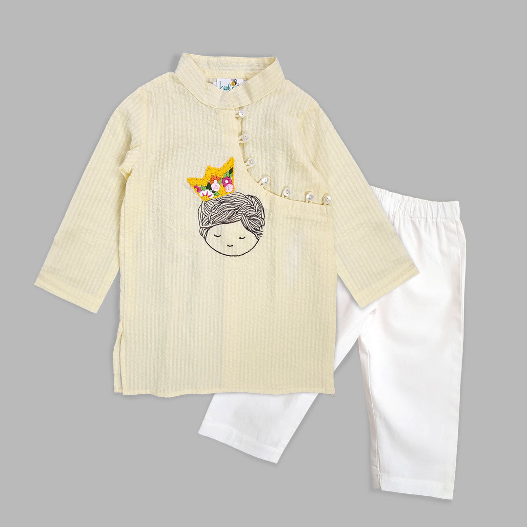 Keebee Organic Cotton Embroidered Yellow Kurta paired with Pajama Pants - Little Prince