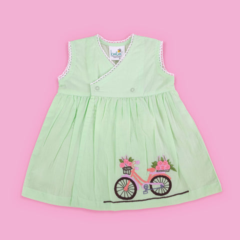 Organic Cotton Embroidered Girls Green Overlap Dress - Bicycle