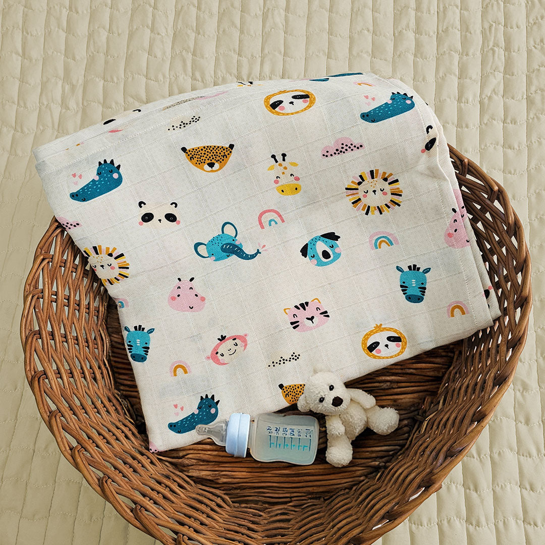 Keebee Organic Cotton Printed Swaddle/Towel - Funky Friends