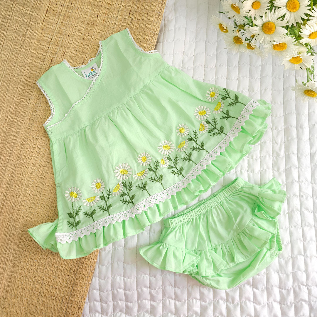 Keebee Organic Cotton Embroidered Baby Girl Mint Green Jabla/Wrap Style Dress Set - Daisy Field