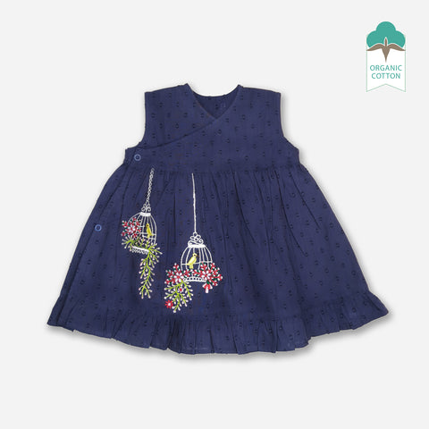 Organic Cotton Embroidered Girls Navy Blue Jabla / Dress - Birdcages