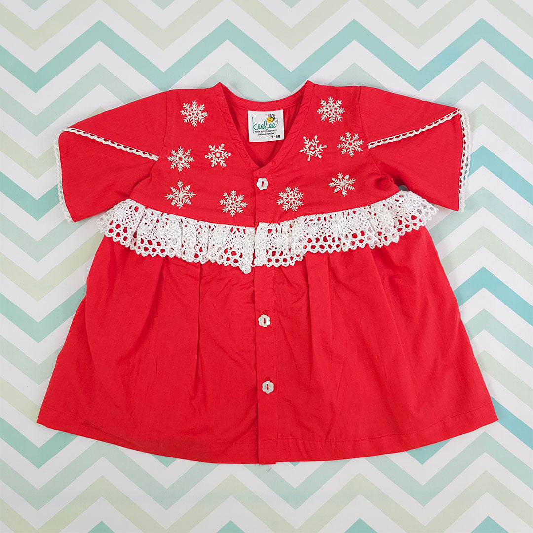 Keebee Organic Cotton Embroidered Baby Girl Half Sleeve Button Up Dress - Snowflake Dreams