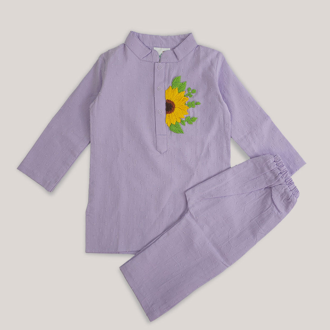 Keebee Organic Cotton Embroidered Lilac Kurta paired with Pajama Pants - Sunflower