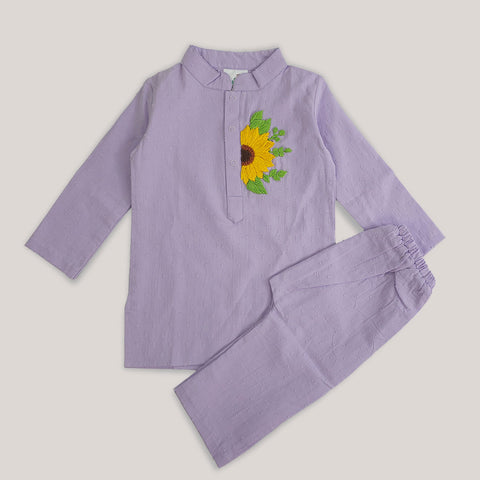 Keebee Organic Cotton Embroidered Purple Kurta paired with Pajama Pants - Sunflower