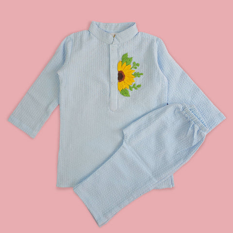 Keebee Organic Cotton Embroidered Light Blue Kurta paired with Pajama Pants - Sunflower