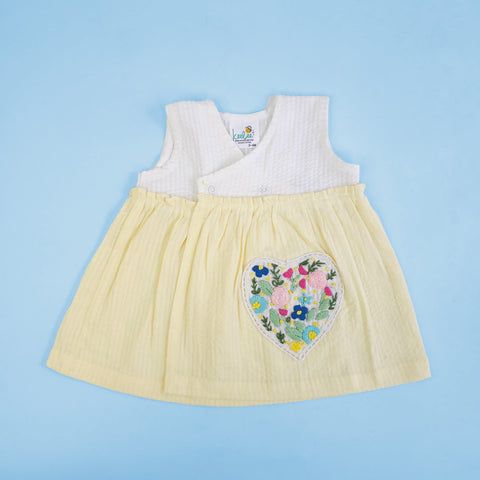 Organic Cotton Embroidered Girls White and Yellow Overlap Dress - Flower Heart