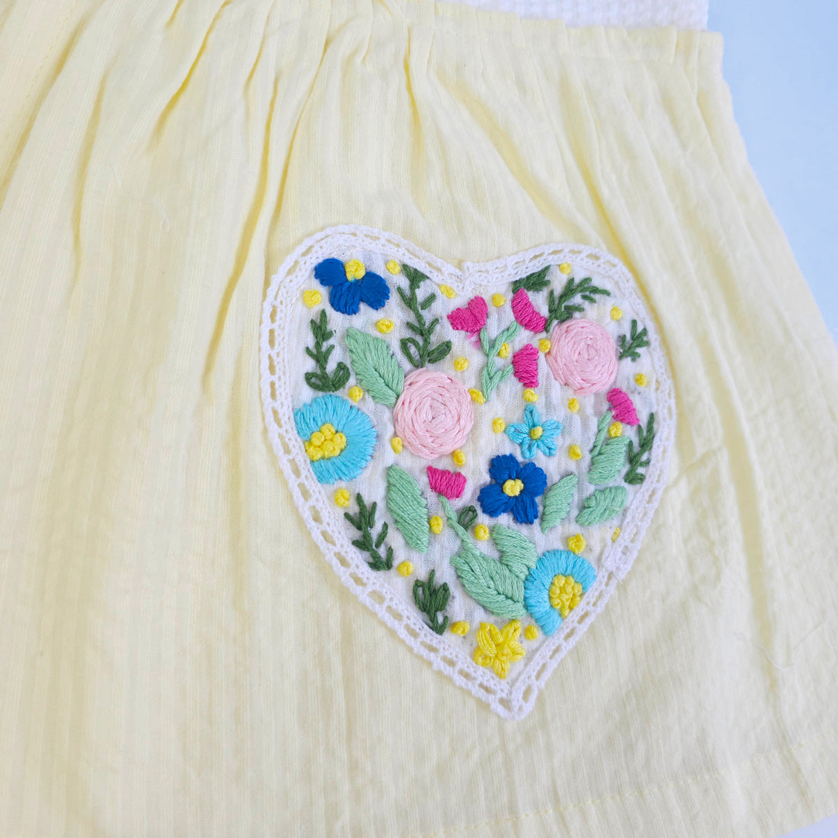 Organic Cotton Embroidered Girls White and Yellow Overlap Dress - Flower Heart