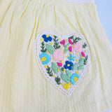 Organic Cotton Embroidered Girls White and Yellow Overlap Dress - Flower Heart