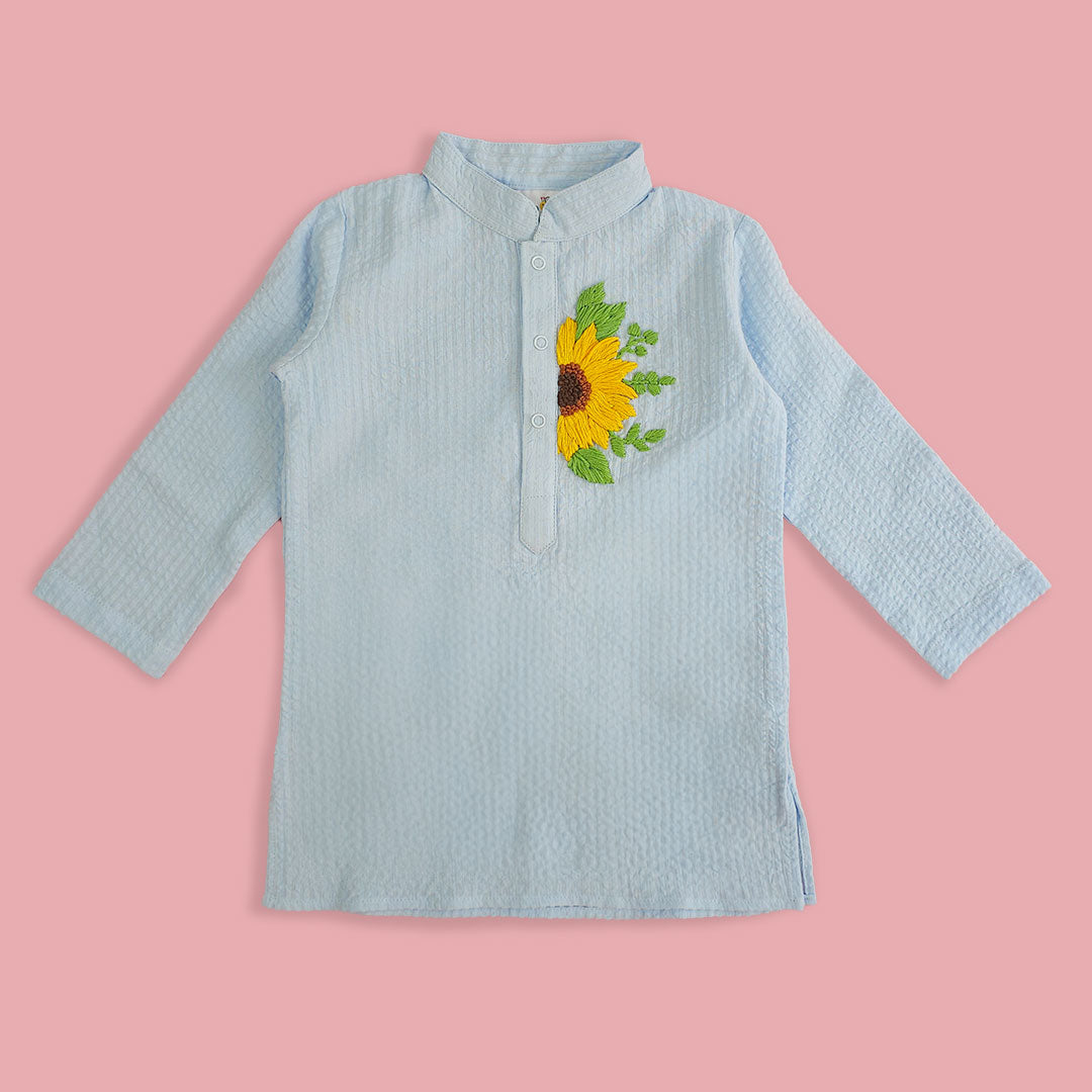 Keebee Organic Cotton Embroidered Light Blue Kurta paired with Pajama Pants - Sunflower