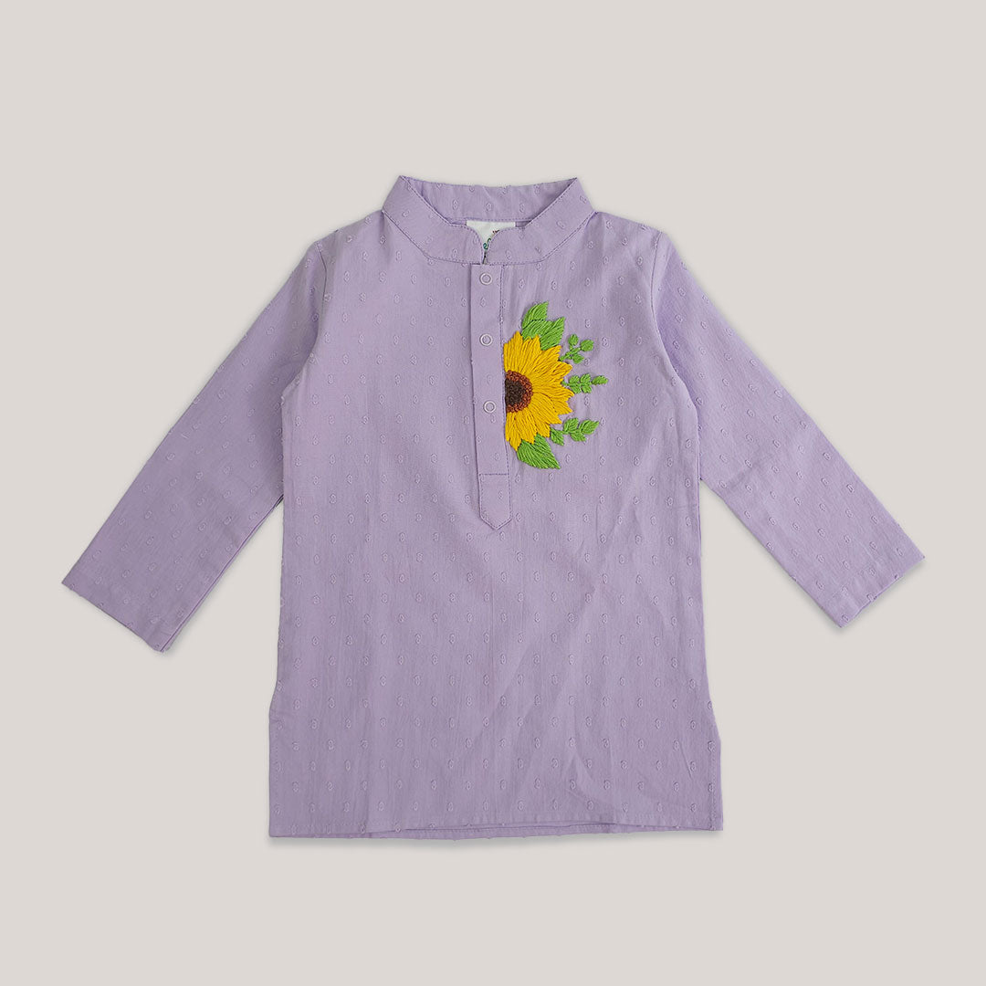 Keebee Organic Cotton Embroidered Lilac Kurta paired with Pajama Pants - Sunflower