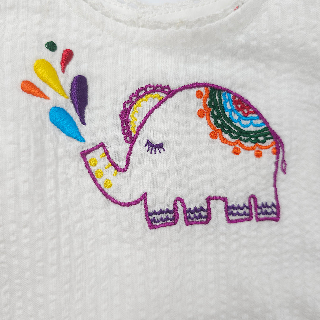 Keebee Organic Cotton Hand Embroidered White Baby Girl Blossom Dress - Elephant