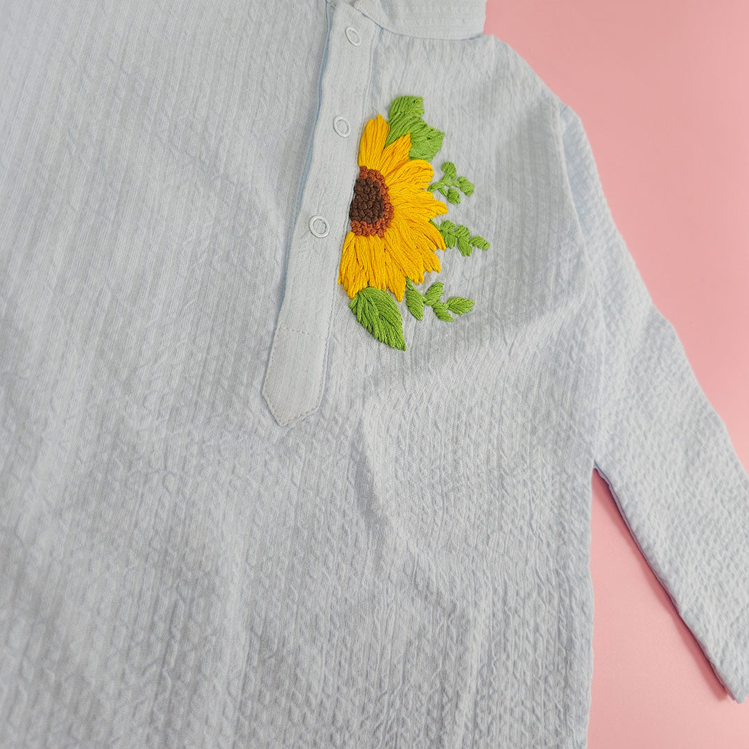 Keebee Organic Cotton Embroidered Light Blue Kurta paired with Pajama Pants - Sunflower