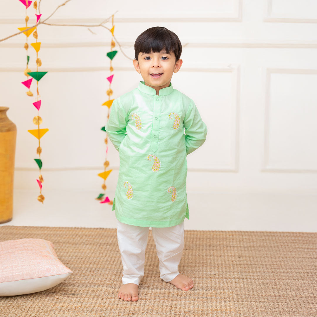 Keebee Organic Cotton Embroidered Green Kurta paired with Pajama Pants - Paisley