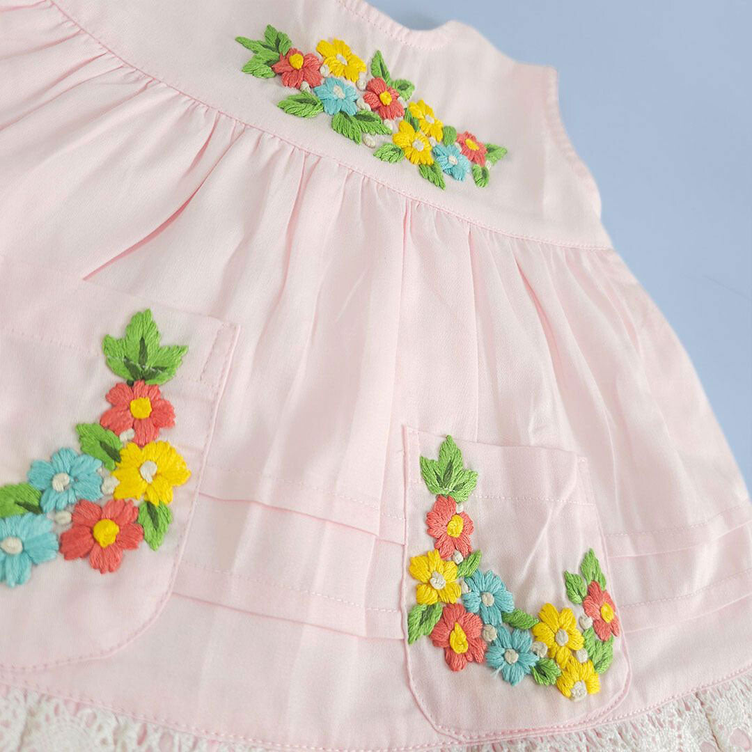 Keebee Organic Cotton Hand Embroidered Baby Pink Peony Baby Girl Dress