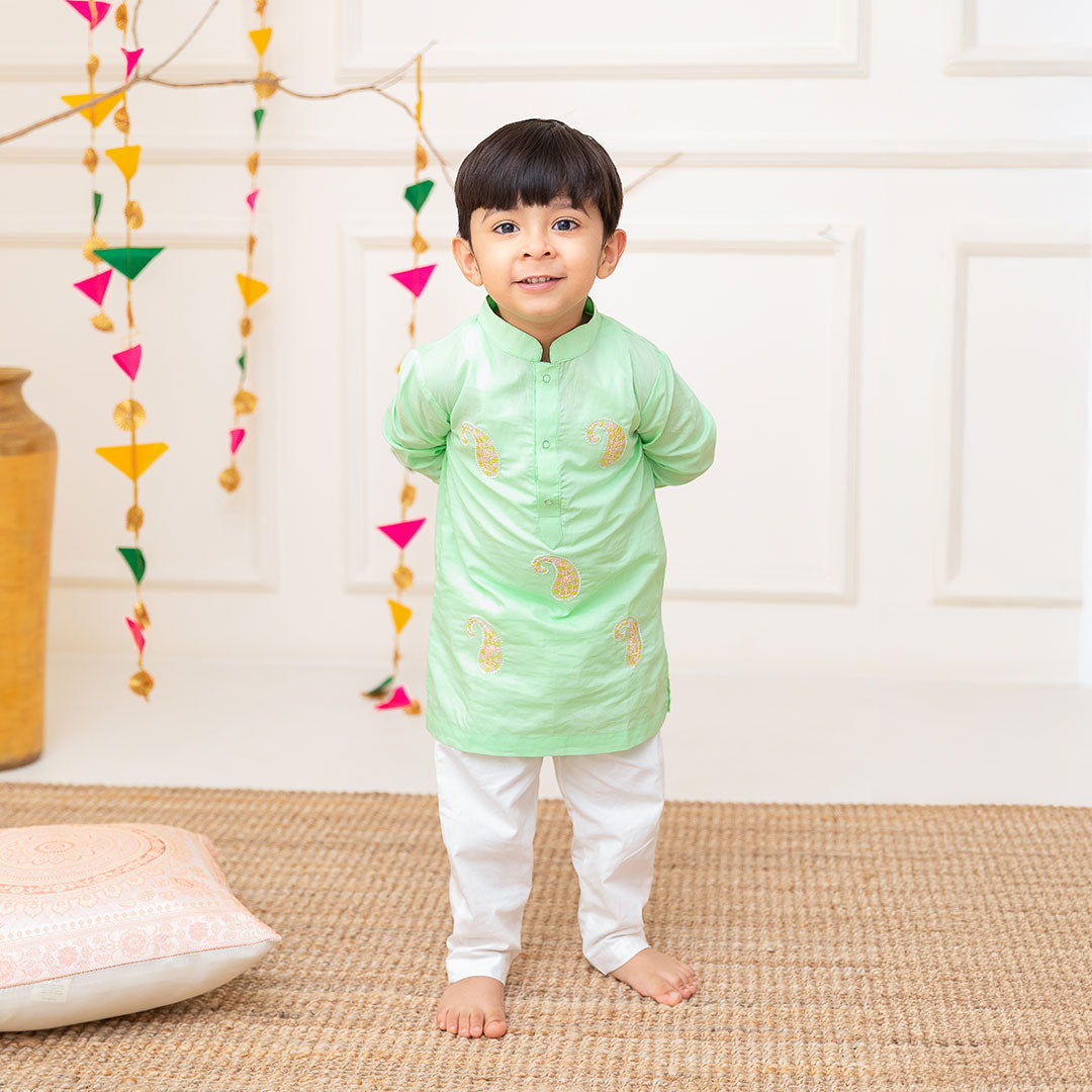 Keebee Organic Cotton Embroidered Green Kurta paired with Pajama Pants - Paisley