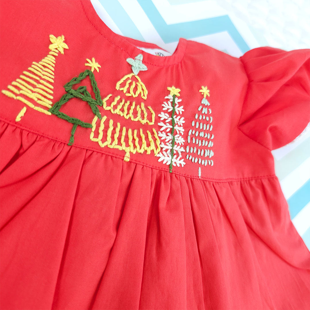 Keebee Organic Cotton Girls Red Puff Sleeve Peony Dress - Christmas Trees