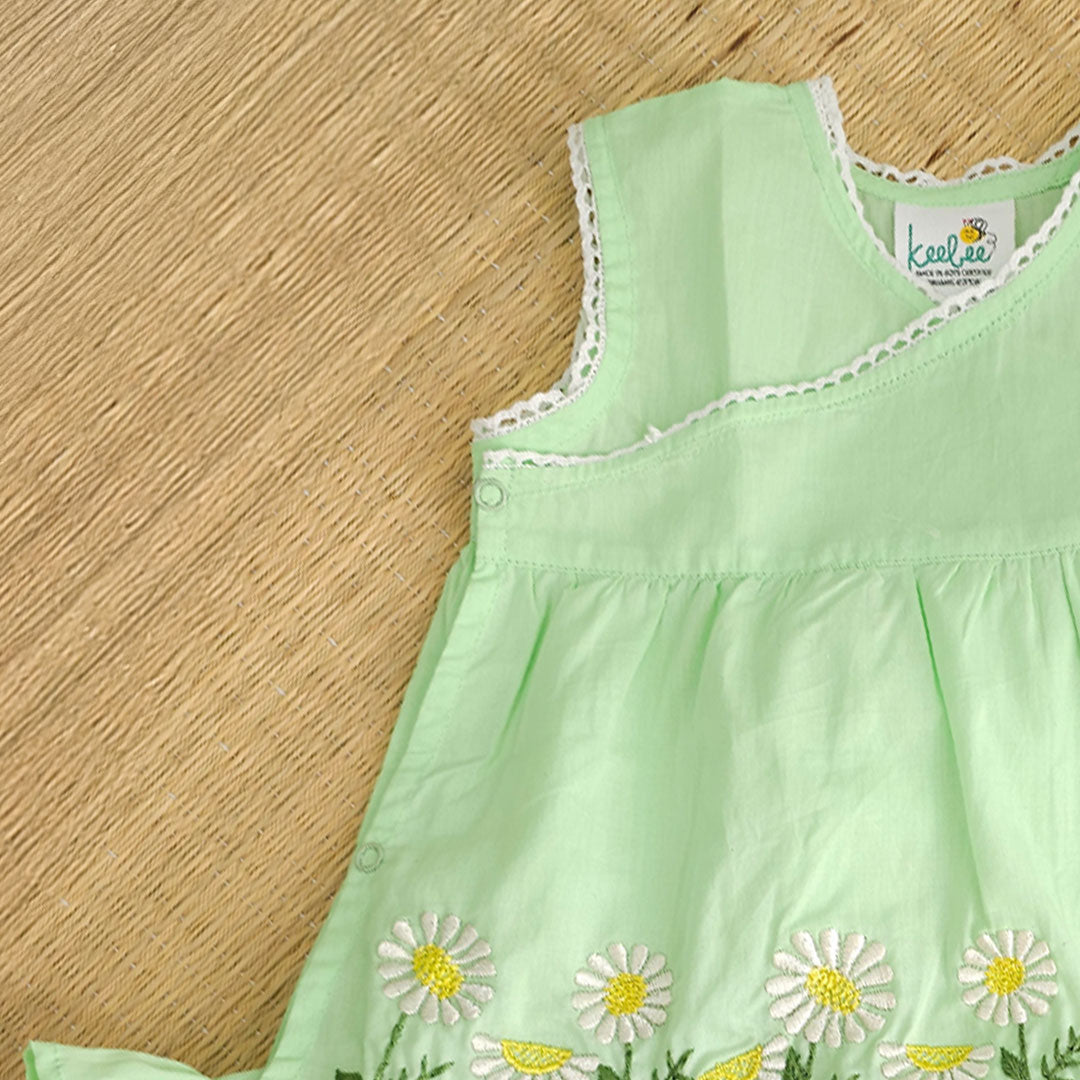 Keebee Organic Cotton Embroidered Baby Girl Mint Green Jabla/Wrap Style Dress Set - Daisy Field