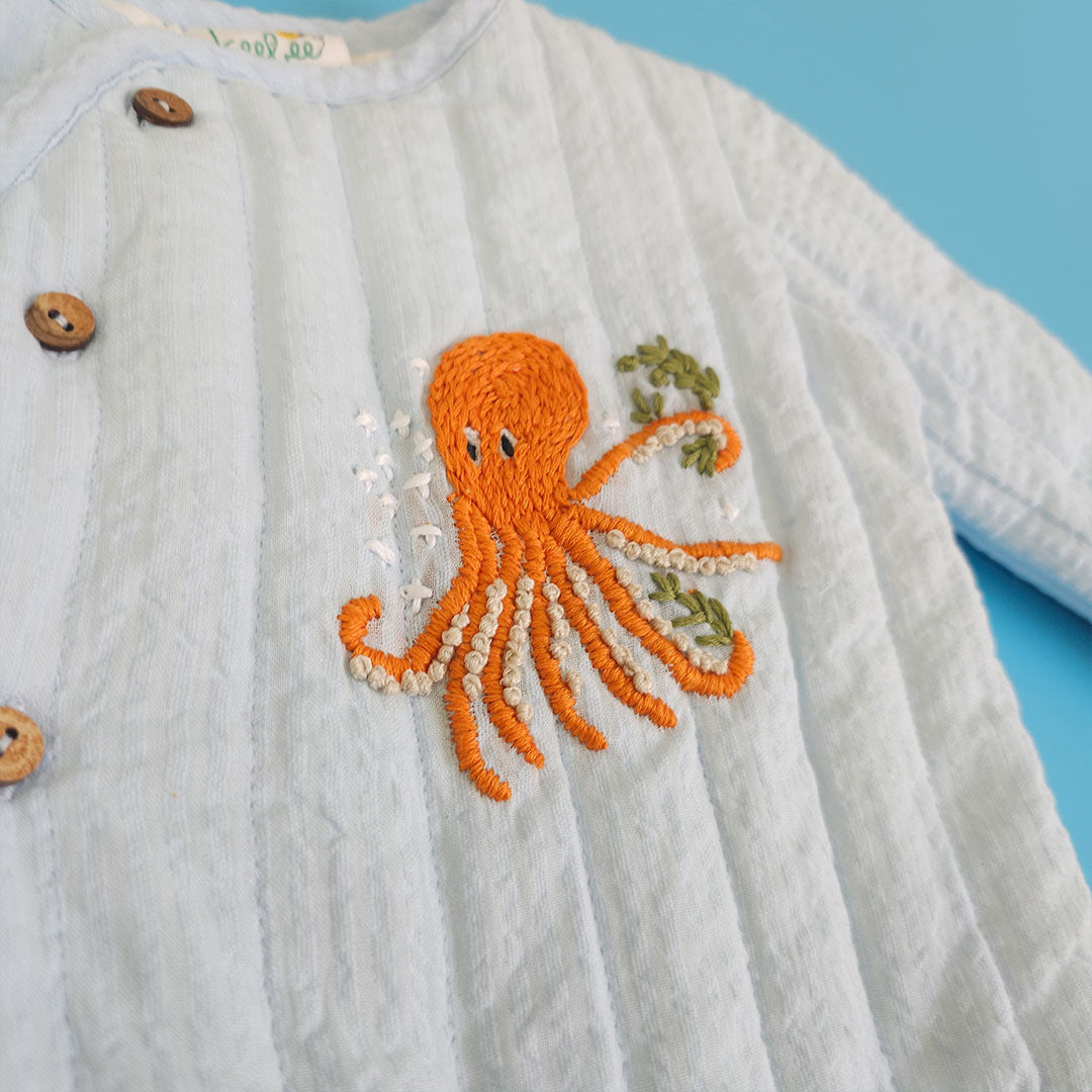 Keebee Organic Cotton Embroidered Baby Blue Button Up Quilted Jacket - Octopus