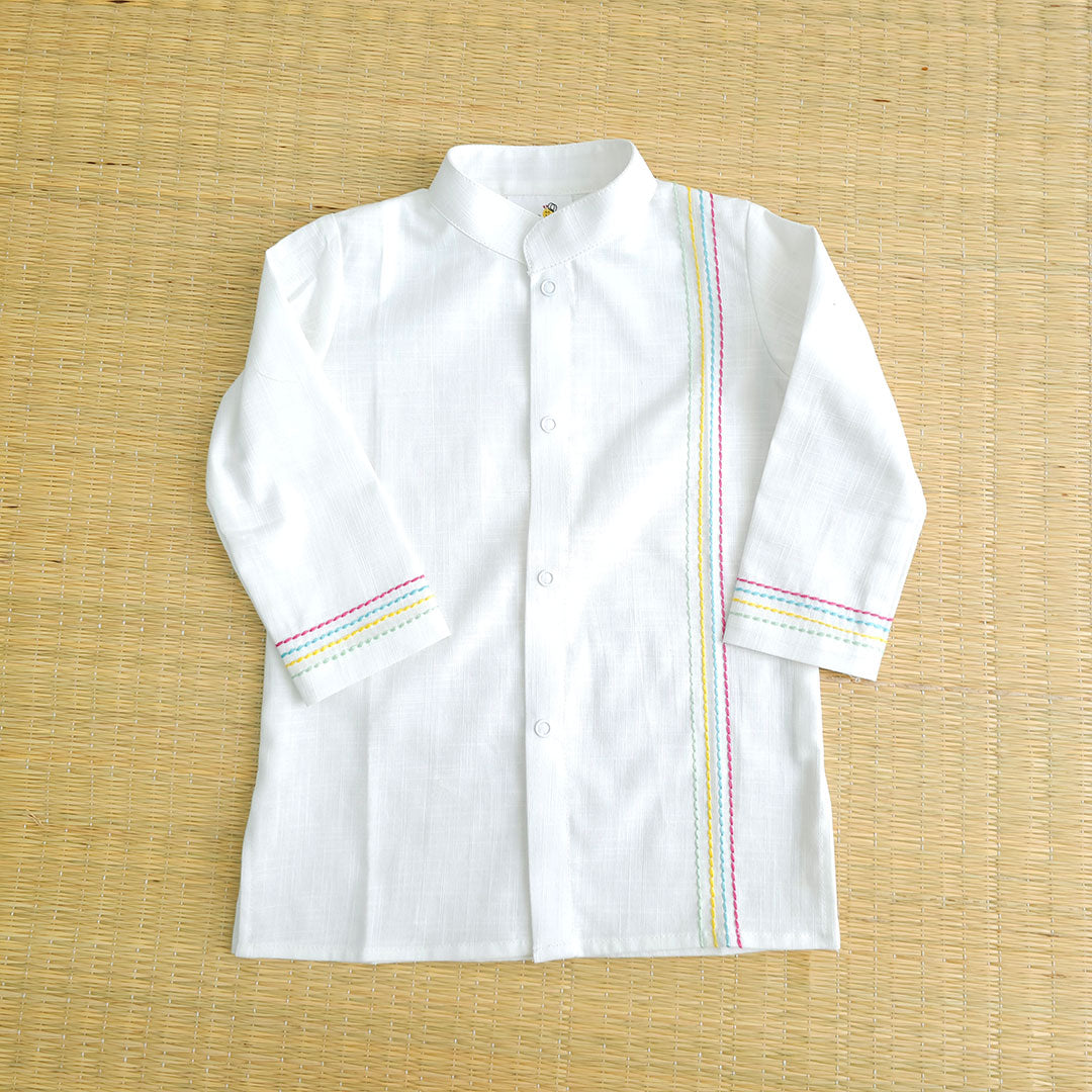 Keebee Organic Cotton Embroidered White Kurta paired with Green Patiala Pants - Stripes