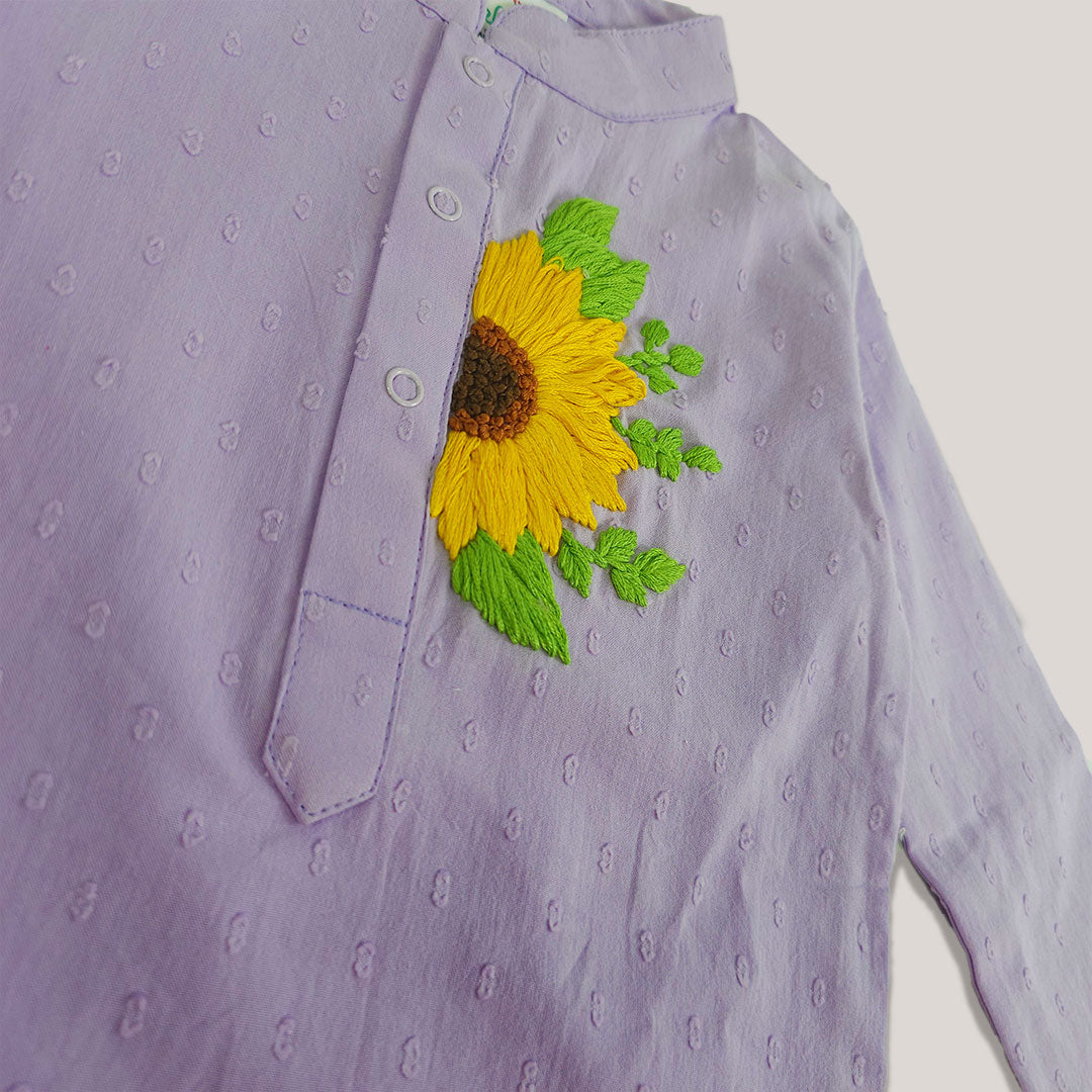 Keebee Organic Cotton Embroidered Lilac Kurta paired with Pajama Pants - Sunflower