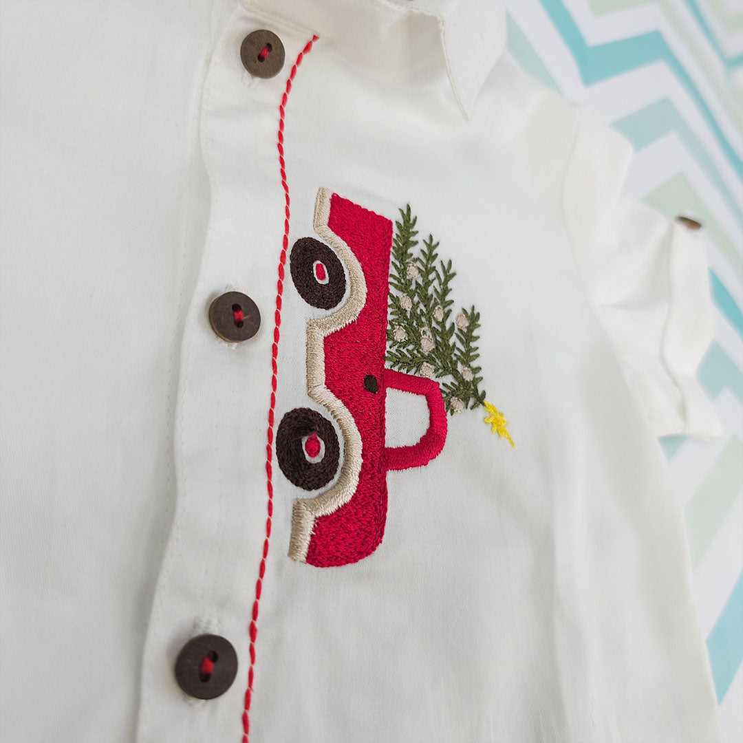 Keebee Organic Cotton Embroidered Half Sleeve Shirt - Christmas Truck