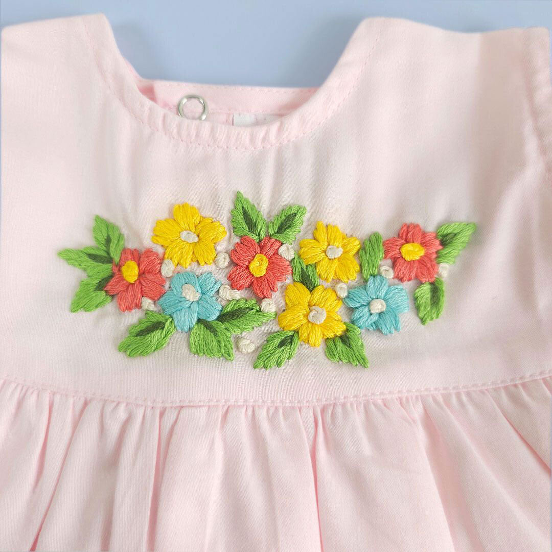 Keebee Organic Cotton Hand Embroidered Baby Pink Peony Baby Girl Dress