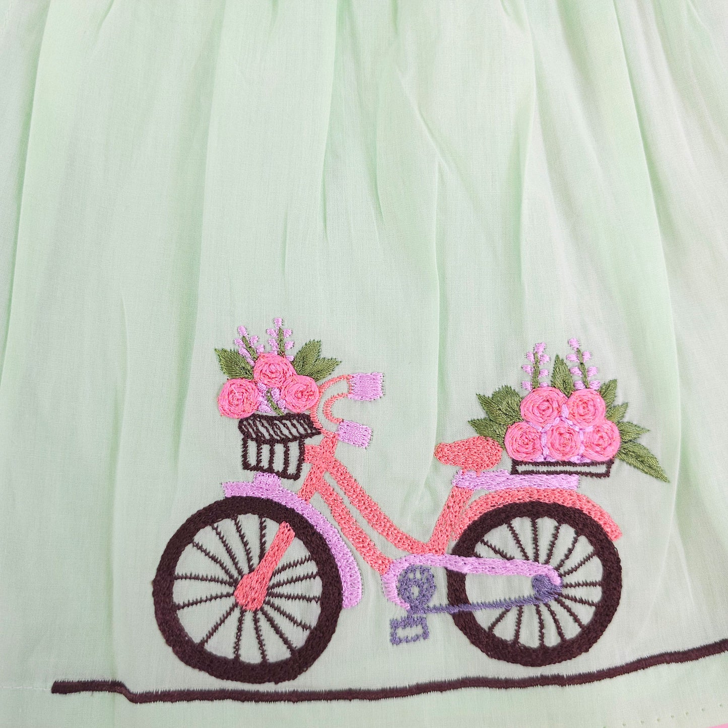 Organic Cotton Embroidered Girls Green Overlap Dress - Bicycle