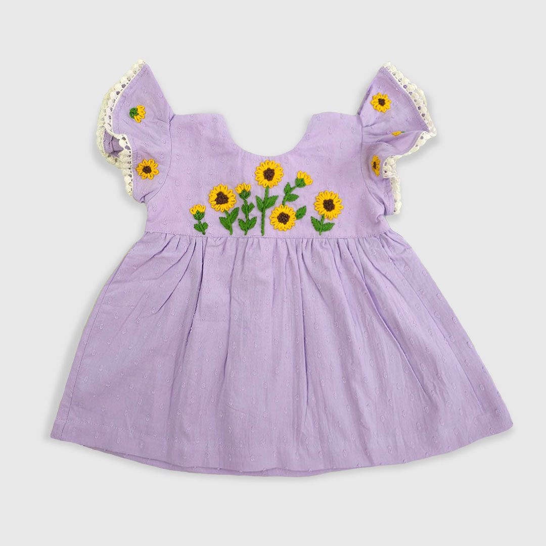 Keebee Organic Cotton Embroidered Girls Lilac Dress - Sunflower