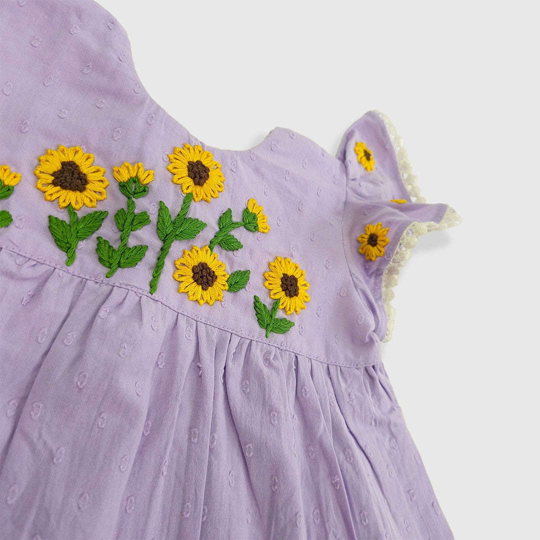 Keebee Organic Cotton Embroidered Girls Lilac Dress - Sunflower